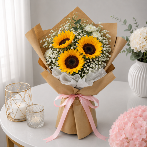 Sunny Artificial Sunflower Bouquet with White Baby's Breath