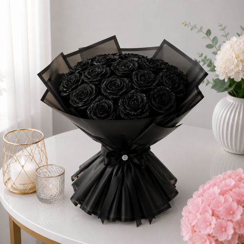 Luxury Black Glitter Artificial Rose Bouquet with Rhinestone Pin