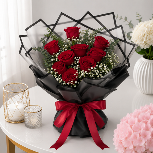 Classic Artificial Red Rose Bouquet in Black Matte Wrap