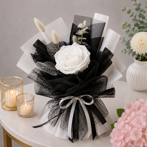 Single Artificial White Rose with Black Lace and Bunny Tail Grass