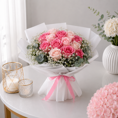 Pink Artificial Rose Bouquet White Wrap with Ribbon