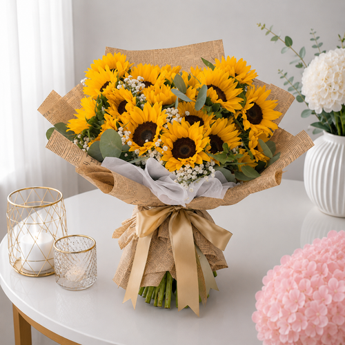 Sunflower Bouquet Kraft Wrap Baby's Breath