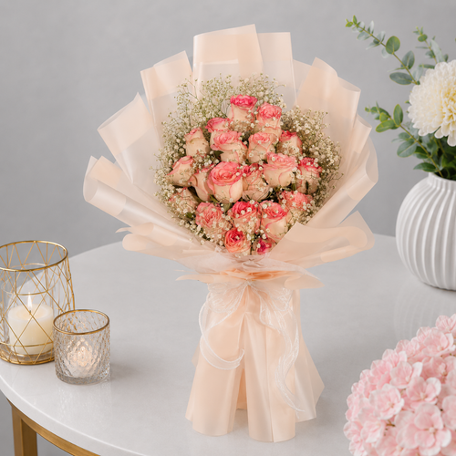 Peach Rose Bouquet Blush Organza Gift Wrap