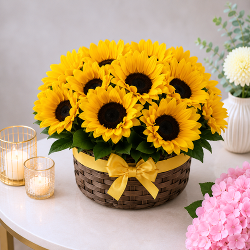 Sunflower Floral Basket with Yellow Ribbon