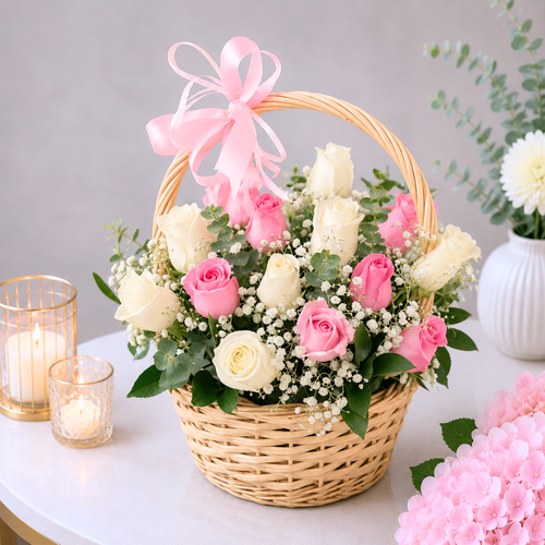 Pink and White Rose Basket with Pink Bow