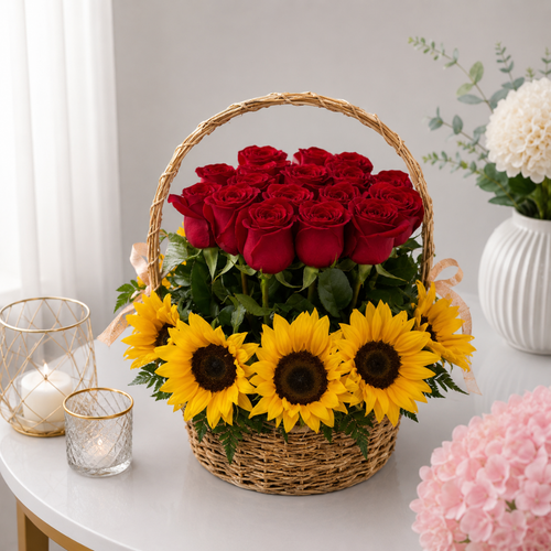 Red Rose and Sunflower Luxury Basket Gift