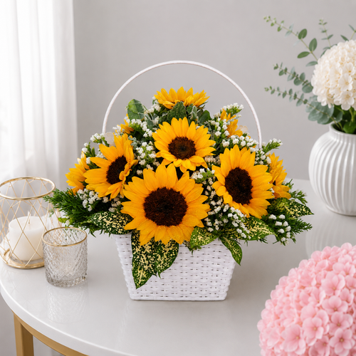 Sunflower Basket in White Wicker with Greenery
