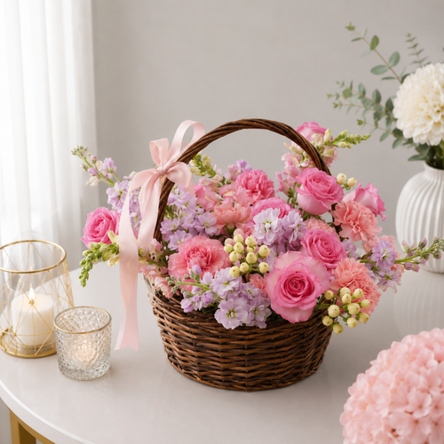 Pink and Lavender Mixed Floral Basket Gift