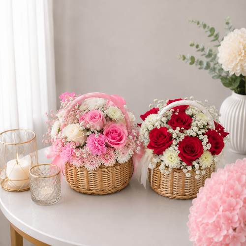 Pink and Red Rose Duo Floral Basket Set