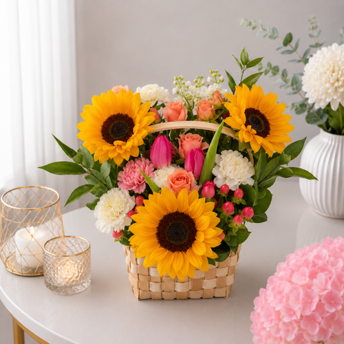 Sunflower Tulip Mixed Bloom Floral Basket