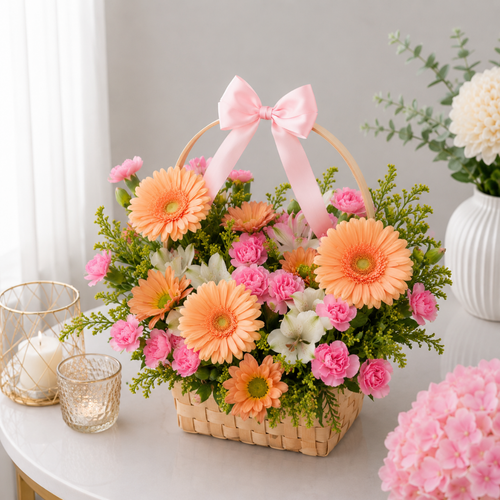 Orange Gerbera and Pink Carnation Basket
