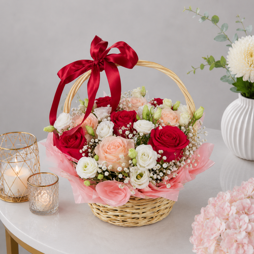 Red Rose and Peach Bloom Basket Red Bow