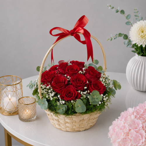 Red Rose Wicker Basket with Baby's Breath and Eucalyptus