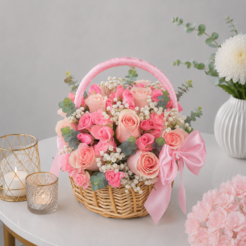 Pink Rose and Carnation Basket with Satin Bow