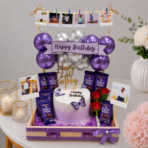 Purple Birthday Hamper Tray with Butterfly Cake Polaroid Photo Banner and Chocolates