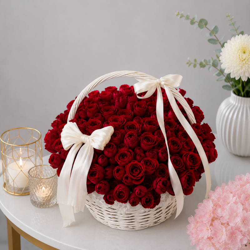 Hundred Red Roses Grand White Wicker Basket