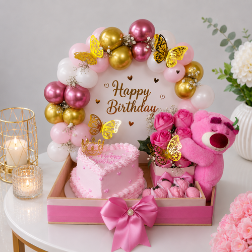 Pink Princess Birthday Tray with Lotso Bear and Cake