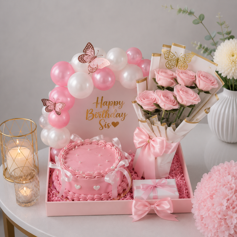 Happy Birthday Sis Pink Cake and Rose Bouquet Box
