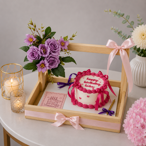 Lavender Cake and Purple Flower Birthday Hamper Tray