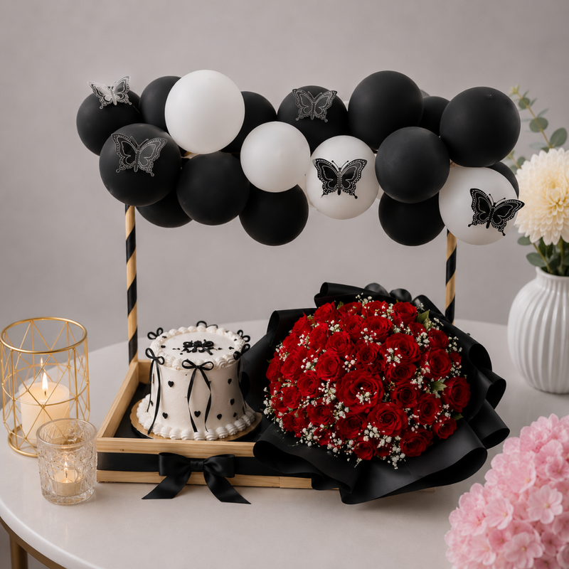 Black and White Butterfly Balloon Arc with Red Rose Bouquet
