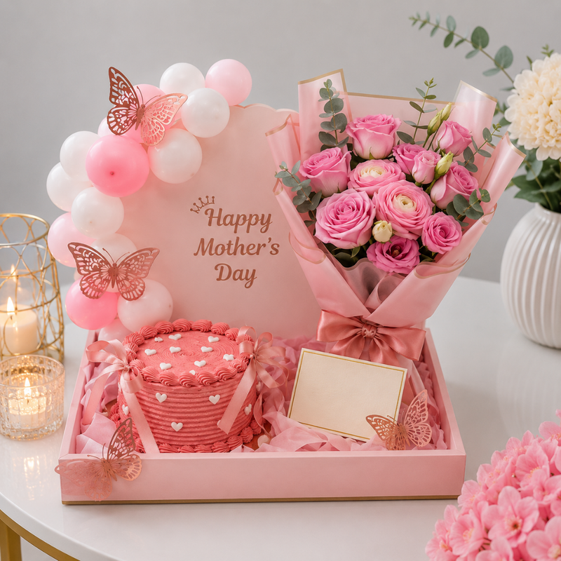 Happy Mothers Day Pink Rose Bouquet and Cake Tray