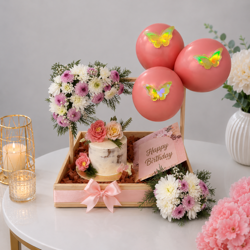 Rustic Birthday Cake Tray with Mums and Peach Balloons