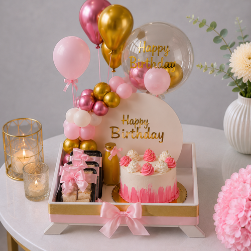 Pink Ombre Birthday Cake Box with Bubble Balloon and Sweets