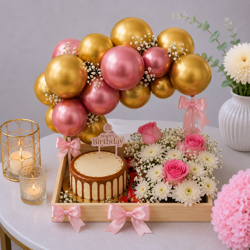 Pink Gold Balloon Arch Birthday Cake and Flower Box