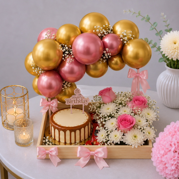 Pink Gold Balloon Arch Birthday Cake and Flower Box