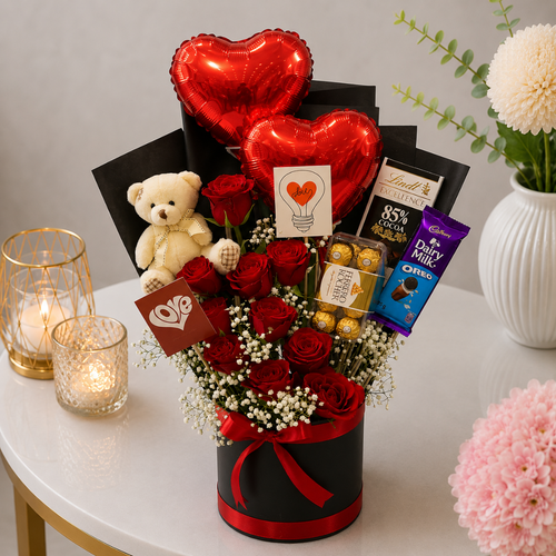 Romantic Love Theme Basket Roses Teddy Chocolates