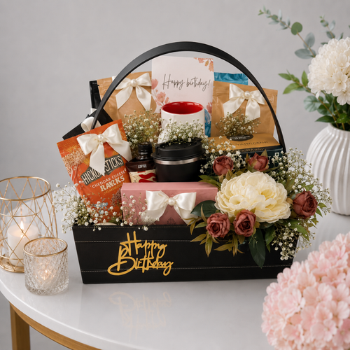 Happy Birthday Themed Basket with Snacks Coffee and Flowers