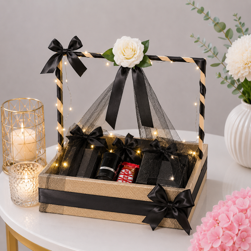 Premium Black Gold LED Gift Tray with Perfume and Chocolates