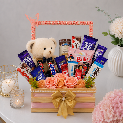 Teddy Bear and Premium Chocolates Romantic Pink Hamper