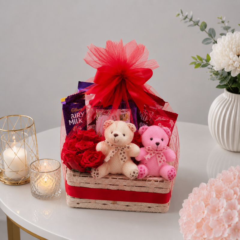 Heart Basket Teddy Bears Red Roses and Chocolate