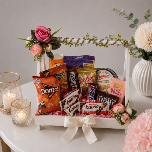 Floral Arch Wooden Tray Snacks and Chocolate Hamper