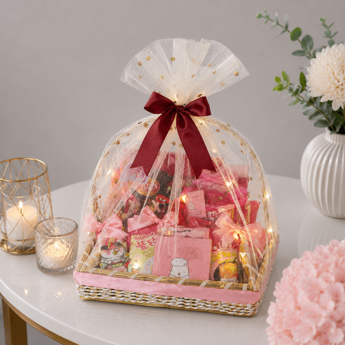 Fairy Light Organza Wrapped Korean Snacks Gift Basket