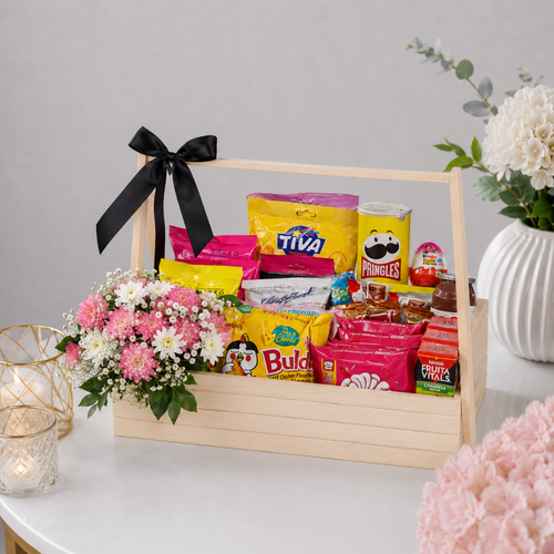 Pink Chrysanthemum and Imported Snacks Wooden Hamper