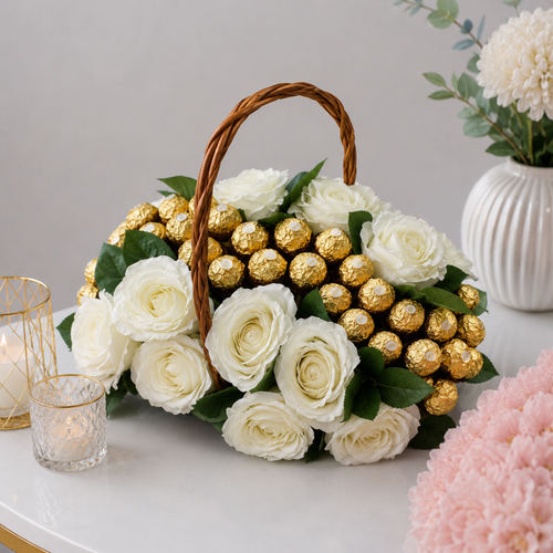White Roses and Ferrero Rocher Luxury Gift Basket