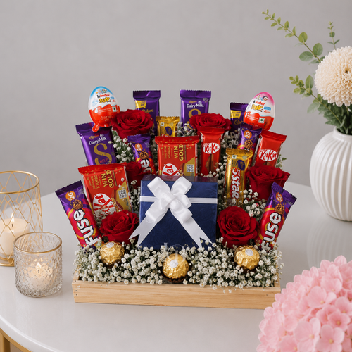 Red Roses Watch and Premium Chocolates Wooden Gift Tray
