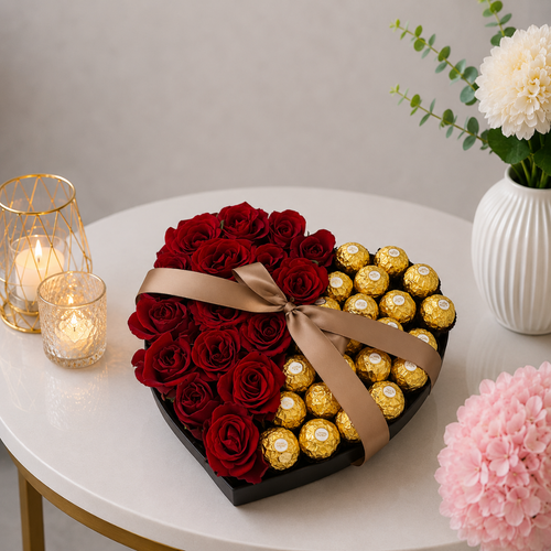 Heart Shaped Roses and Ferrero Rocher Gift Box