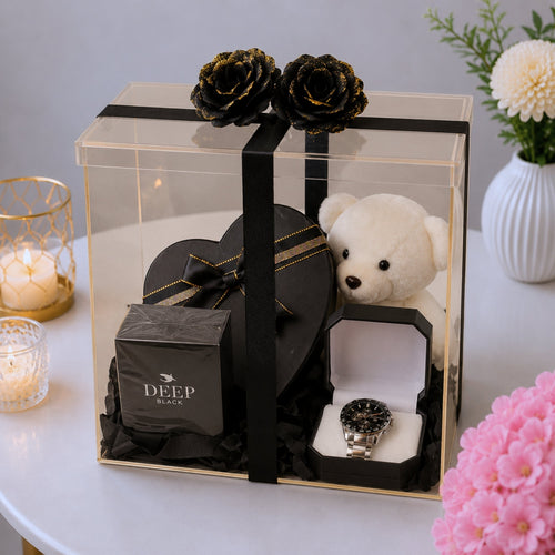 Black Rose Luxury Acrylic Gift Box with Teddy Bear Watch and Cologne