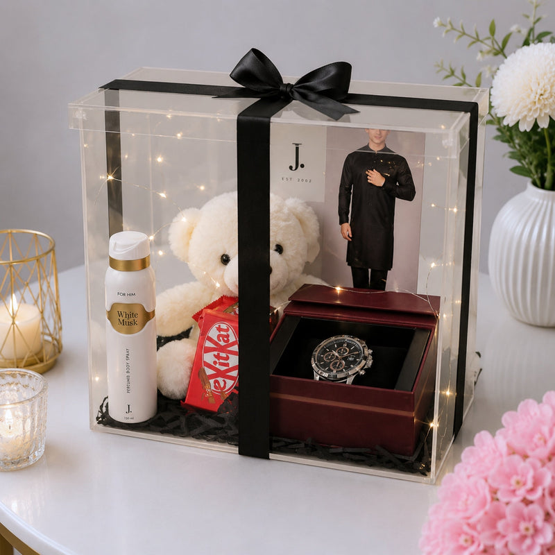 Men's Eid Gift Box with J. Wear White J. Body Spray Watch Chocolate and Teddy Bear