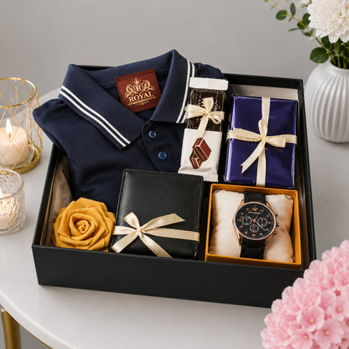 Men's Birthday Gift Box with Navy Polo Shirt Watch and Wallet