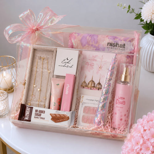 Eid Mubarak Ladies Accessories Box with Nishat Fabric Jewellery Skincare and Chocolate