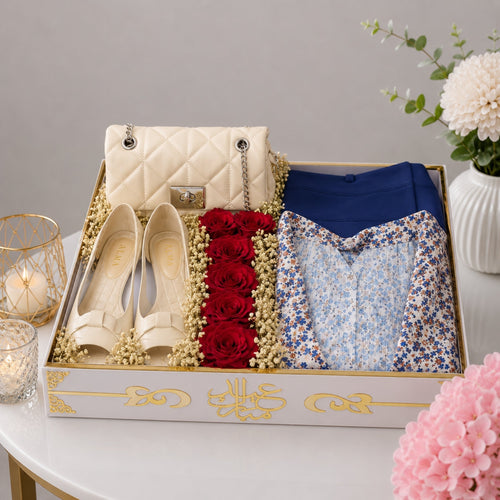 Eid Mubarak Ladies Outfit Tray with Cream Shoes Handbag Floral Kurta and Roses
