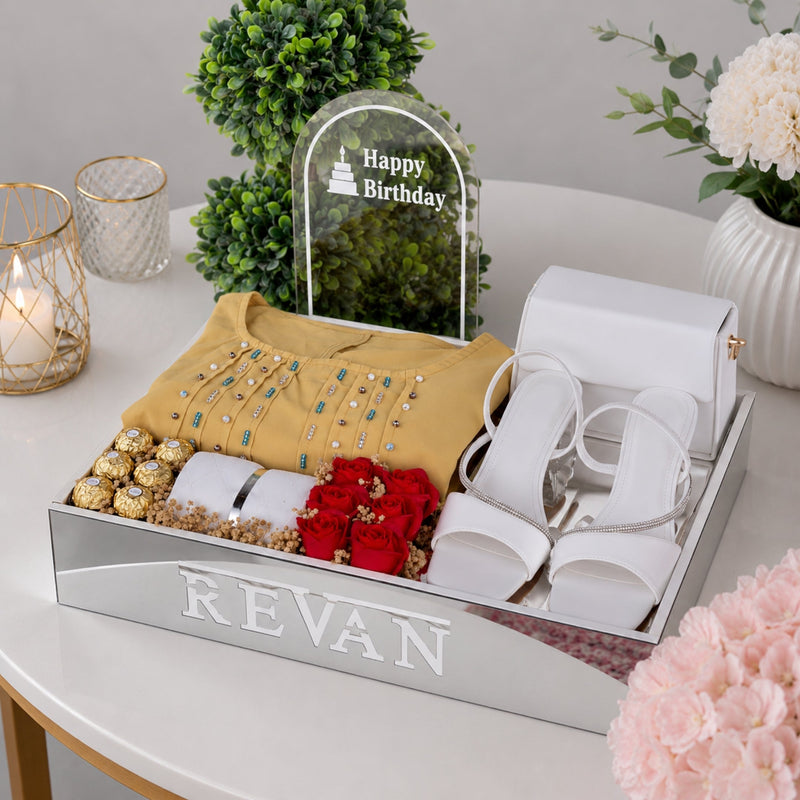 Personalised Birthday Ladies Hamper Tray with Embroidered Kurta Heels Bag Bracelet and Ferrero Rocher