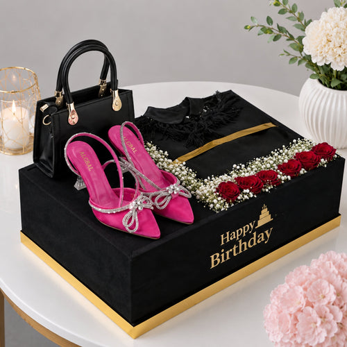 Luxury Birthday Ladies Gift Box with Black Ready to wear Top Pink Heels and Handbag