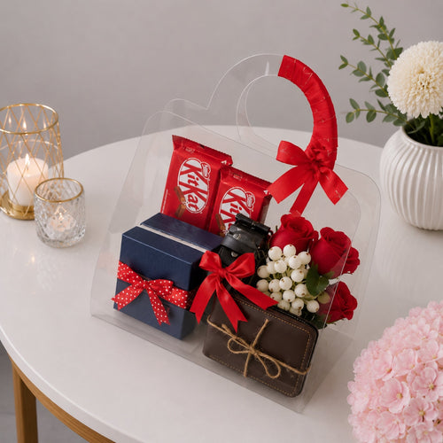 Red Rose Acrylic Gift Bag with KitKat, Wallet, Belt & Blue Gift Box