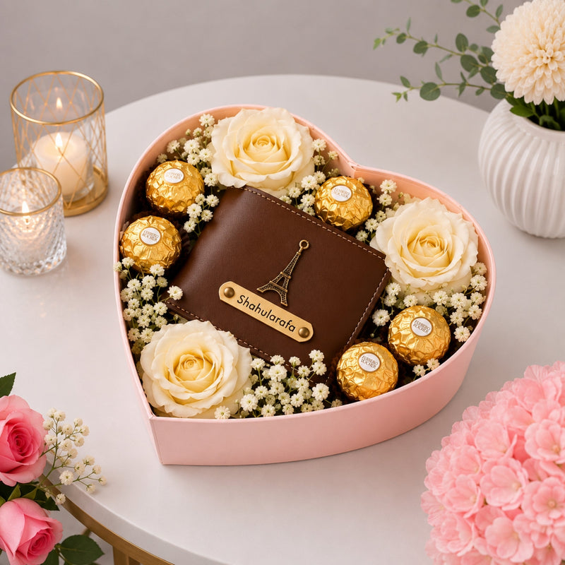 Personalised Leather Wallet Heart Box with Cream Roses and Ferrero Rocher