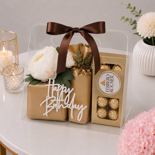 Happy Birthday Gold Wrapped Gift and Ferrero Rocher Box in Clear Acrylic Carry Bag